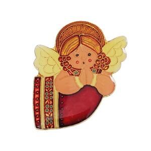 Vintage Enamel Christmas Gold-Tone Angel Brooch Pin Gentennia 1979 Detail Prayer
